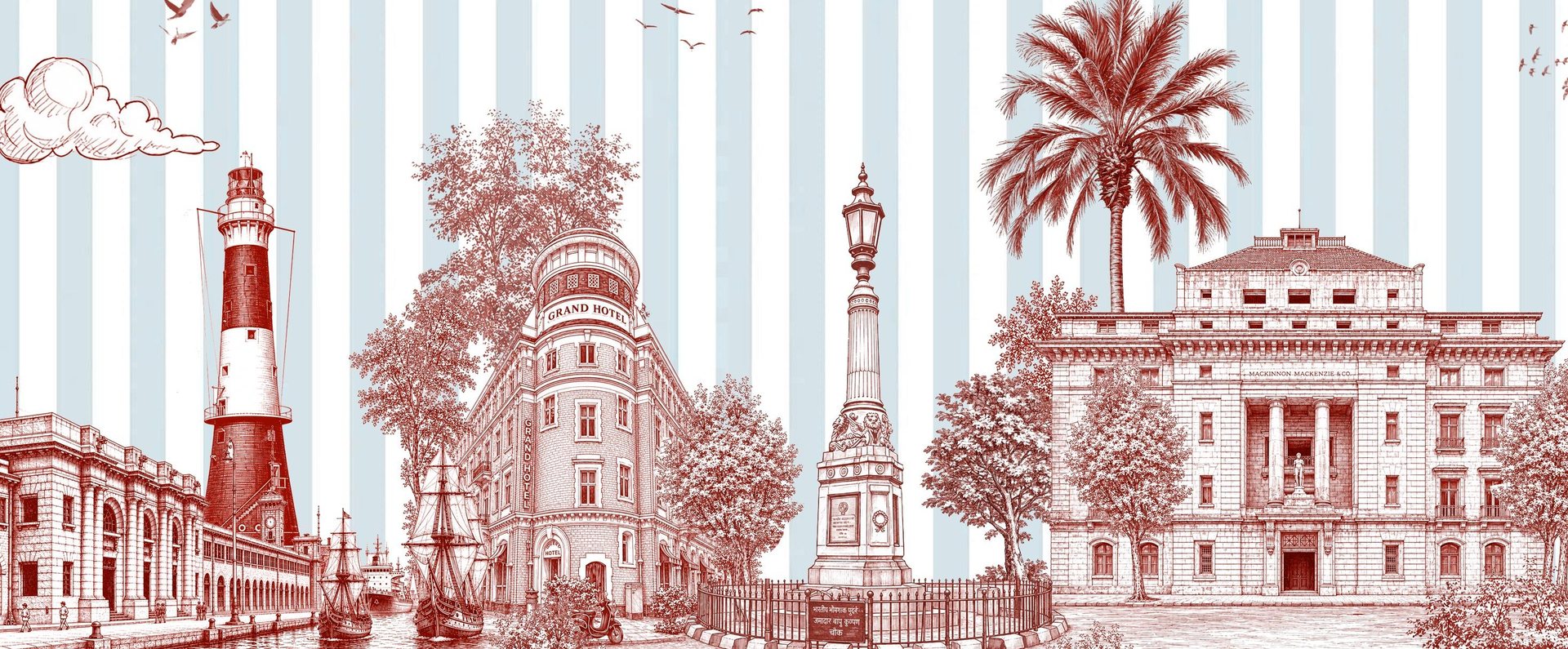 The Bombay Ballad - maritime toile illustration of Ballard Estate: the Prongs Lighthouse, sailing ships, the Grand Hotel, the Port Trust War Memorial and the Mackinnon Mackenzie Building, drawn in burgundy against powder-blue stripes