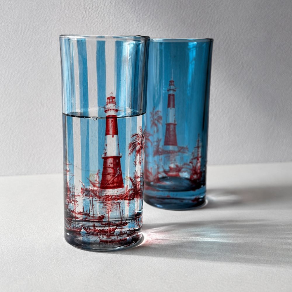 The Bombay Tide Glasses, translucent powder-blue striped water glasses with a burgundy lighthouse and palm illustration