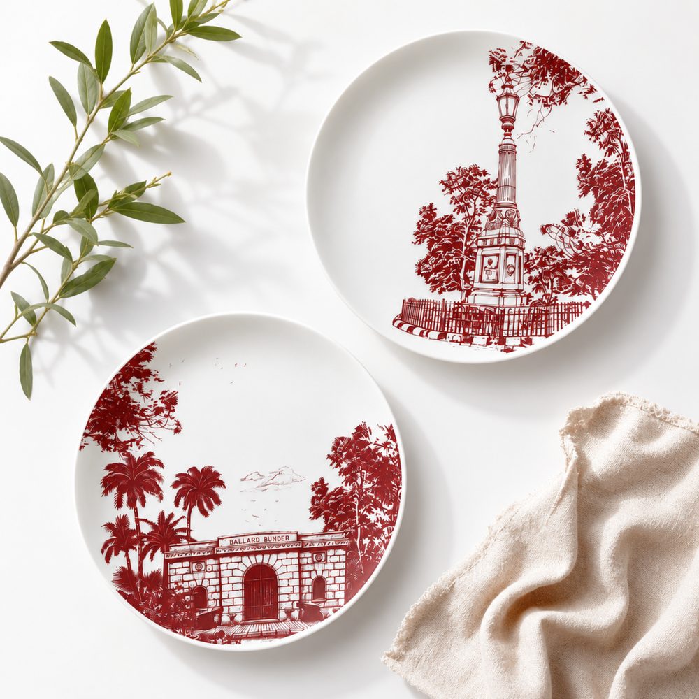 Ballard Bunder Plates, set of two bone china plates illustrated with the Ballard Bunder Gatehouse and the Port Trust War Memorial