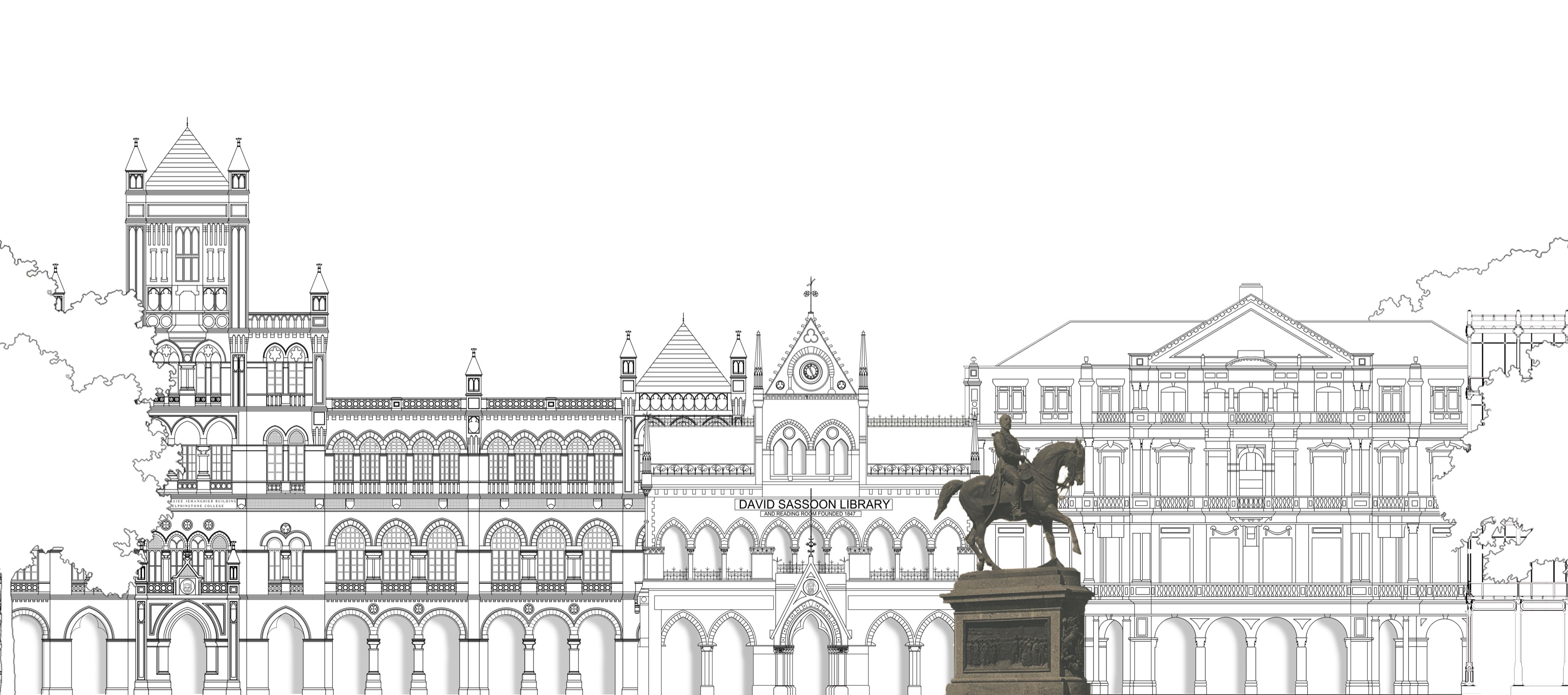 Architectural line drawing of the Kala Ghoda precinct in Mumbai: Elphinstone College, the David Sassoon Library and the Kala Ghoda equestrian statue